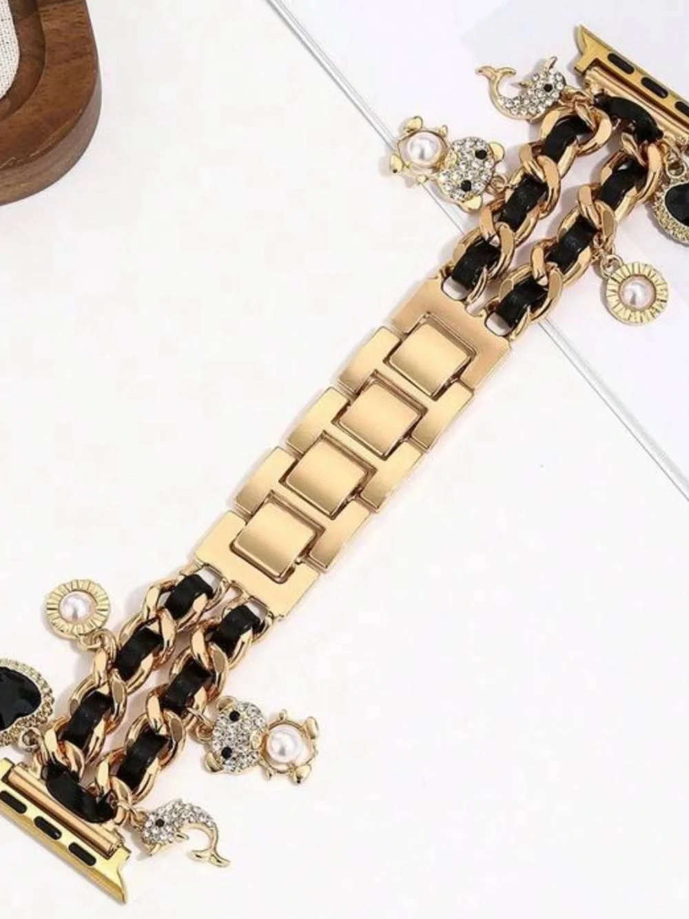 Gold Chain Charm Apple Watch Band with Black leather 38-49mm